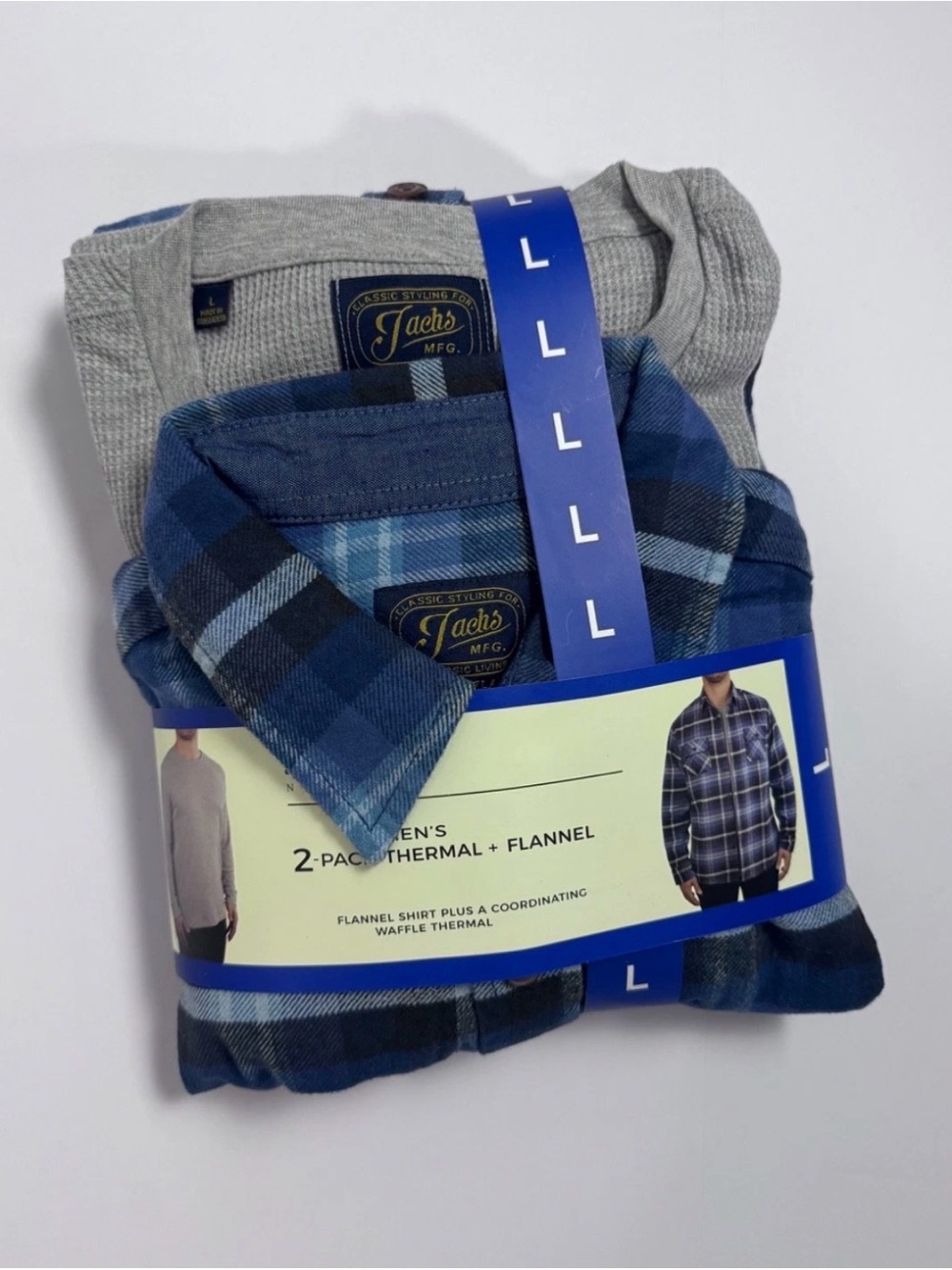 Jachs Men's Blue Plaid Flannel Shirt with Gray Thermal - 2-Pack. Sz. LG